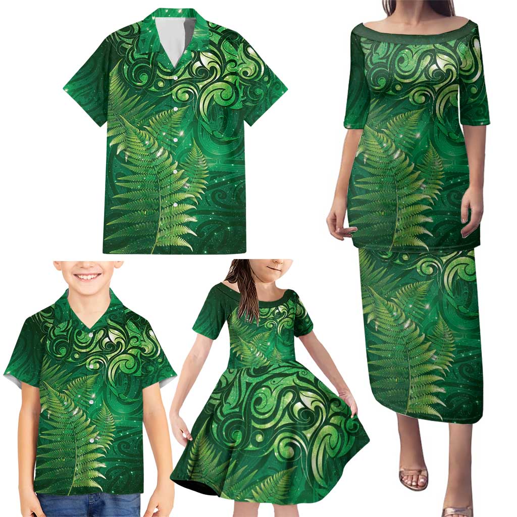Matariki New Zealand Maori Silver Fern Family Matching Puletasi and Hawaiian Shirt Galaxy Green Sky Style