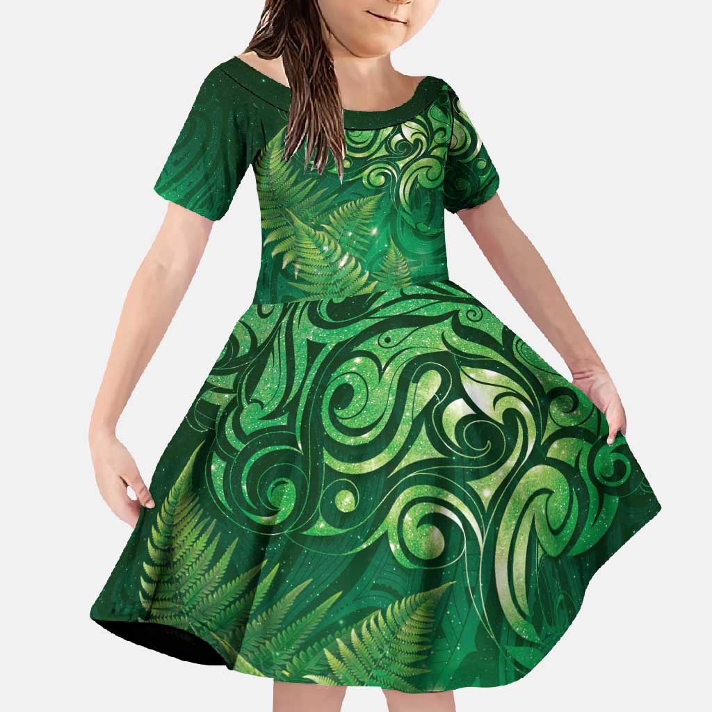 Matariki New Zealand Maori Silver Fern Family Matching Short Sleeve Bodycon Dress and Hawaiian Shirt Galaxy Green Sky Style