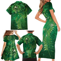Matariki New Zealand Maori Silver Fern Family Matching Short Sleeve Bodycon Dress and Hawaiian Shirt Galaxy Green Sky Style