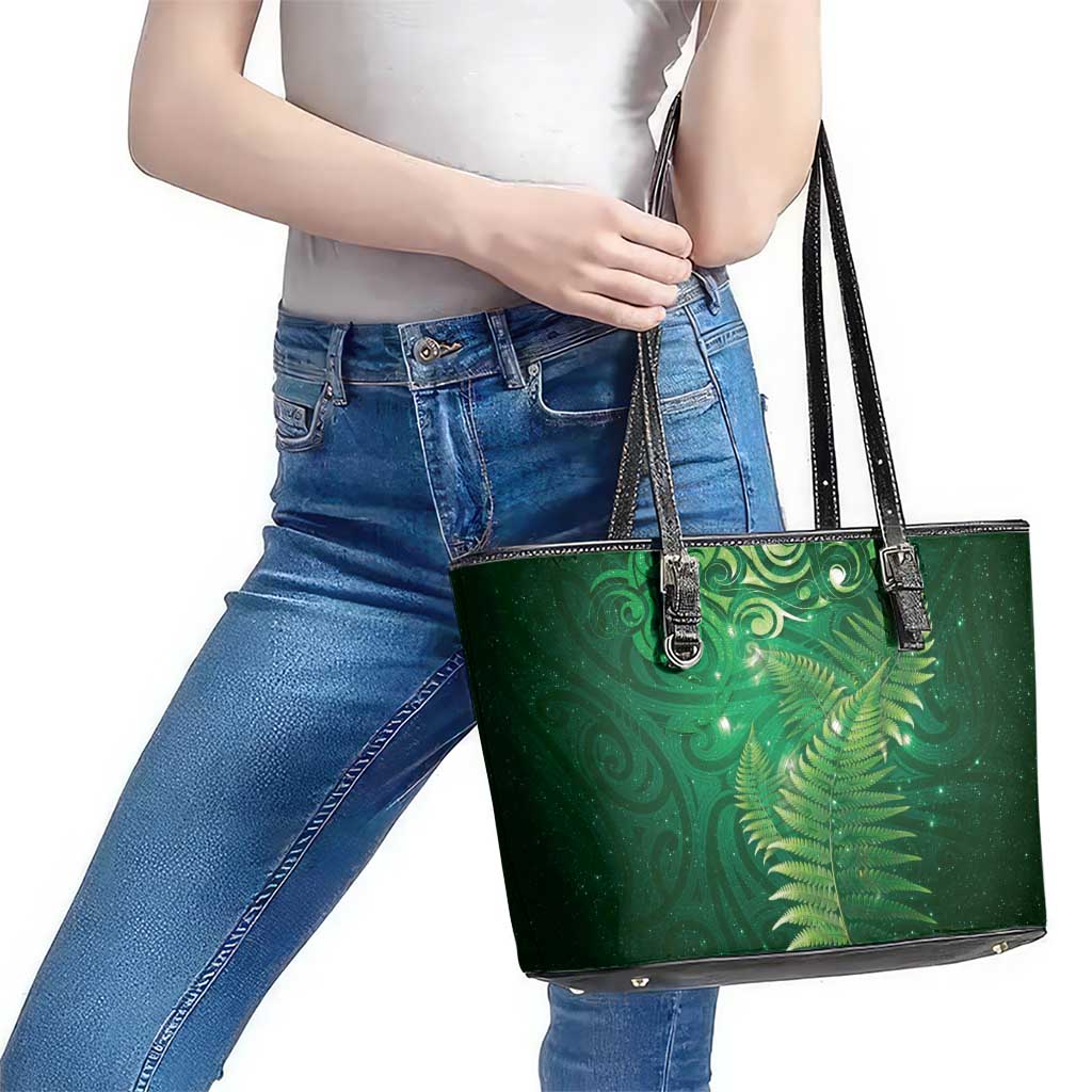 Matariki New Zealand Maori Silver Fern Leather Tote Bag Galaxy Green Sky Style