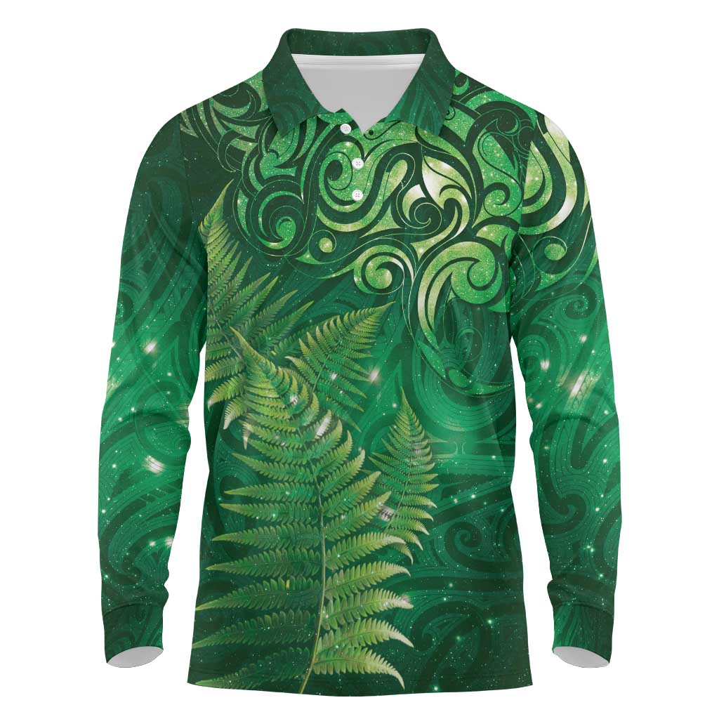 Matariki New Zealand Maori Silver Fern Long Sleeve Polo Shirt Galaxy Green Sky Style
