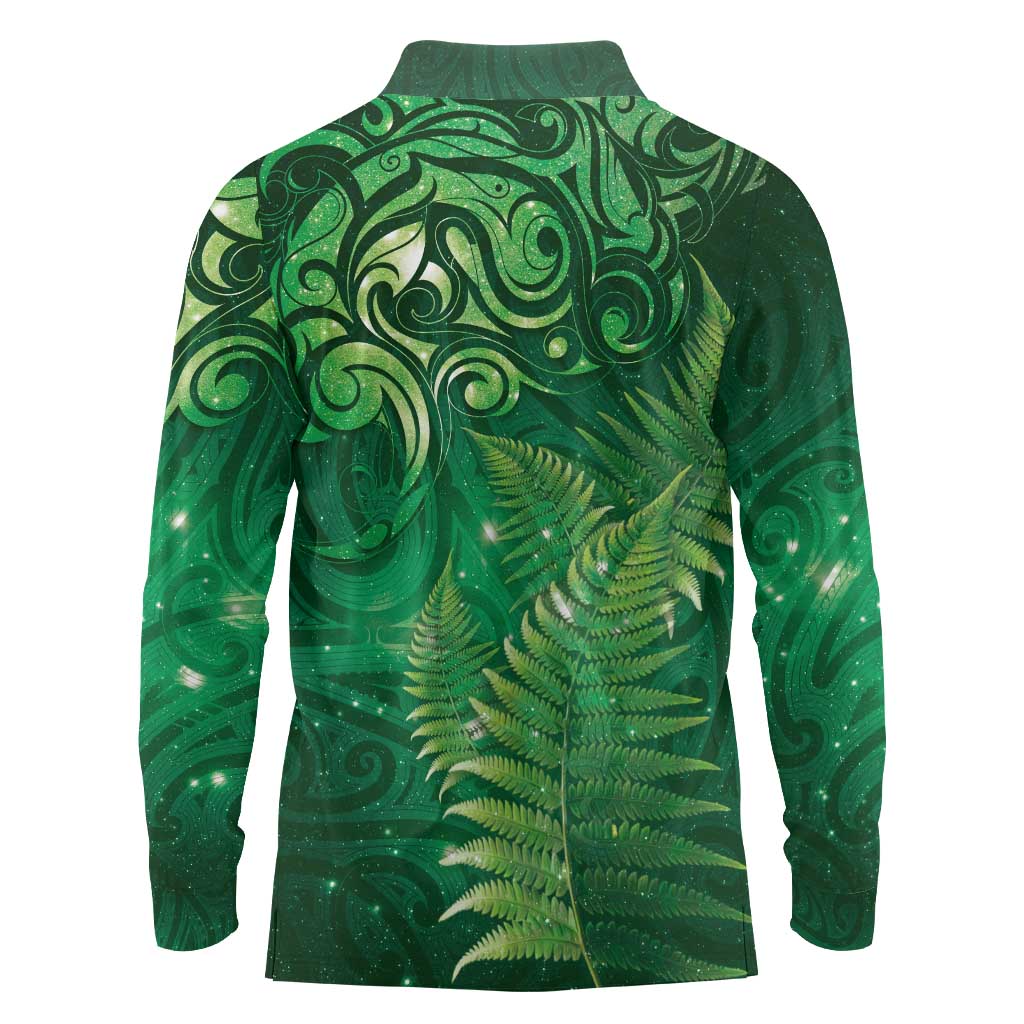 Matariki New Zealand Maori Silver Fern Long Sleeve Polo Shirt Galaxy Green Sky Style