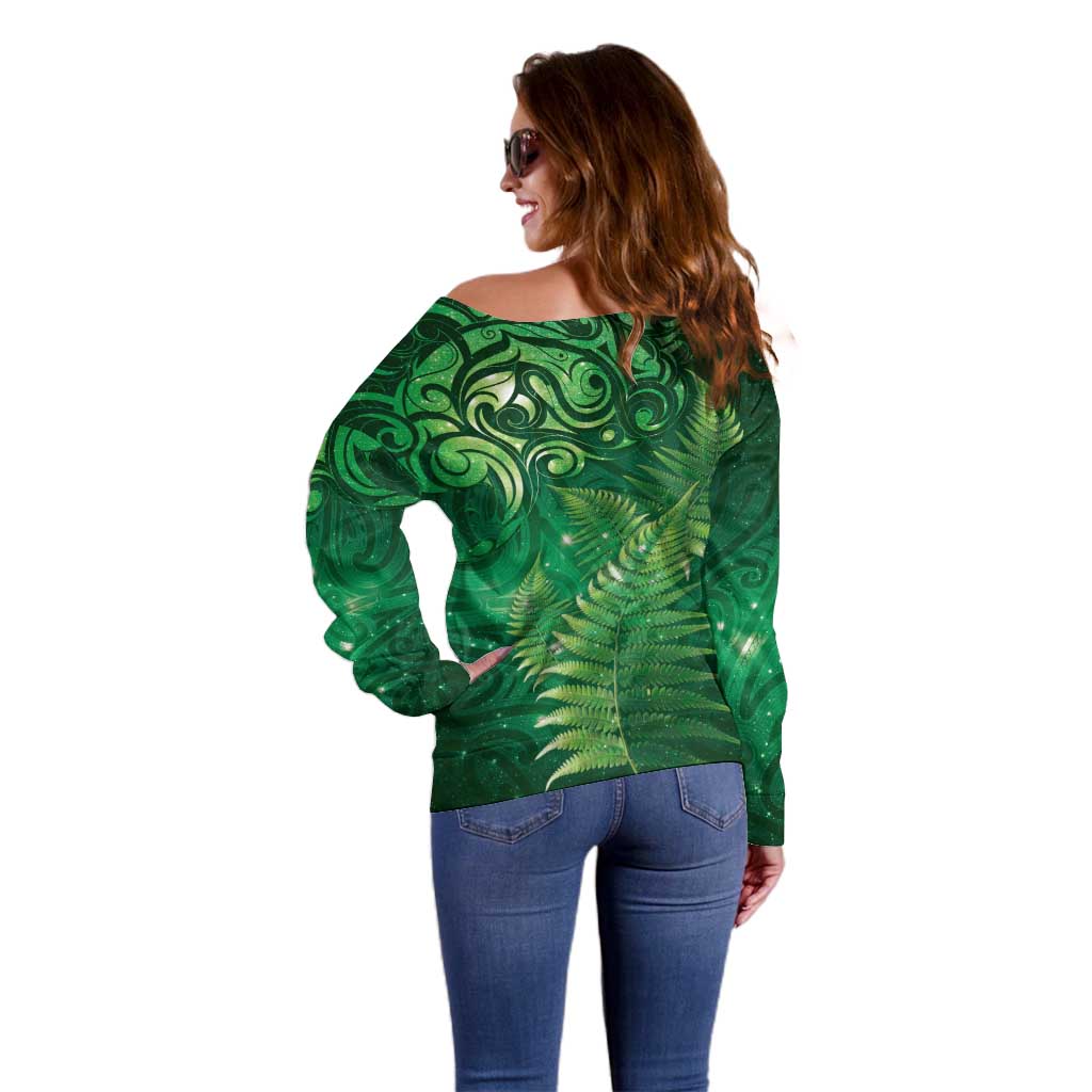 Matariki New Zealand Maori Silver Fern Off Shoulder Sweater Galaxy Green Sky Style