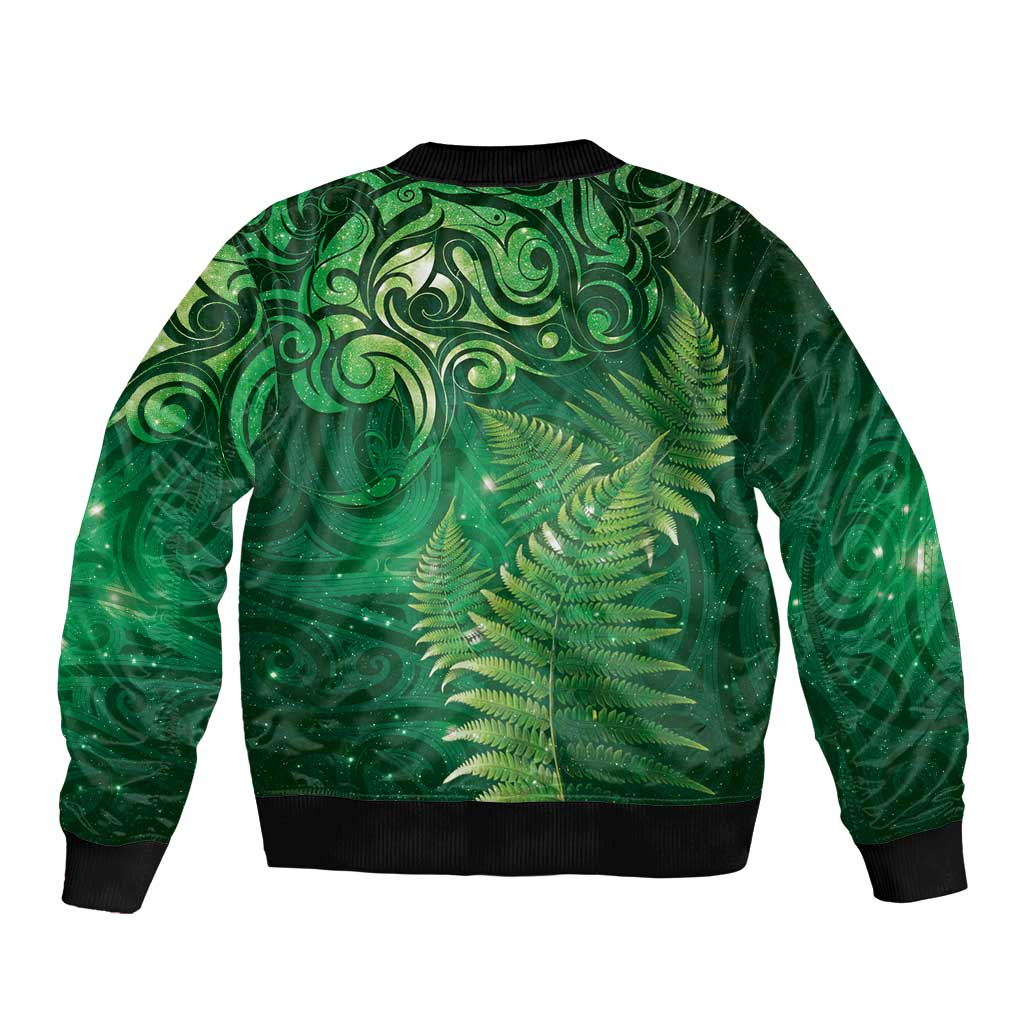 Matariki New Zealand Maori Silver Fern Sleeve Zip Bomber Jacket Galaxy Green Sky Style