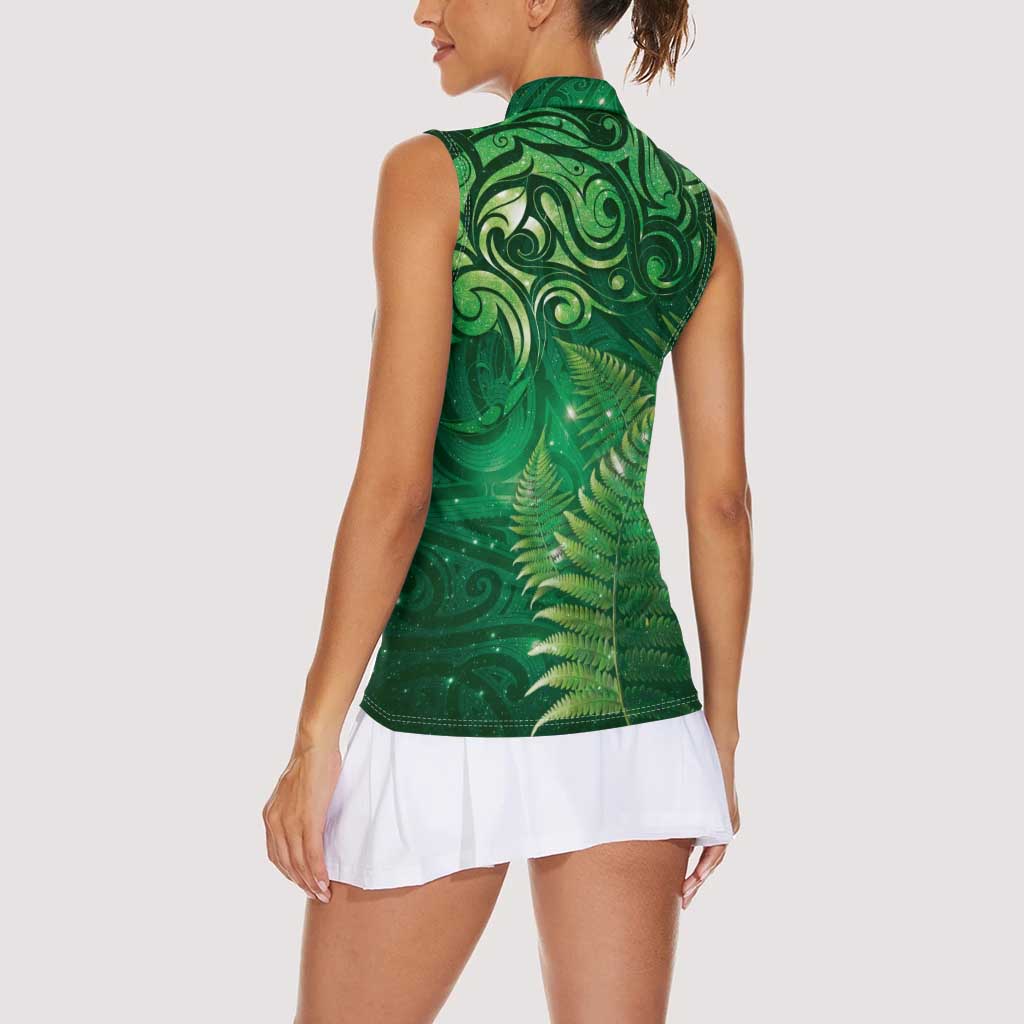 Matariki New Zealand Maori Silver Fern Women Sleeveless Polo Shirt Galaxy Green Sky Style