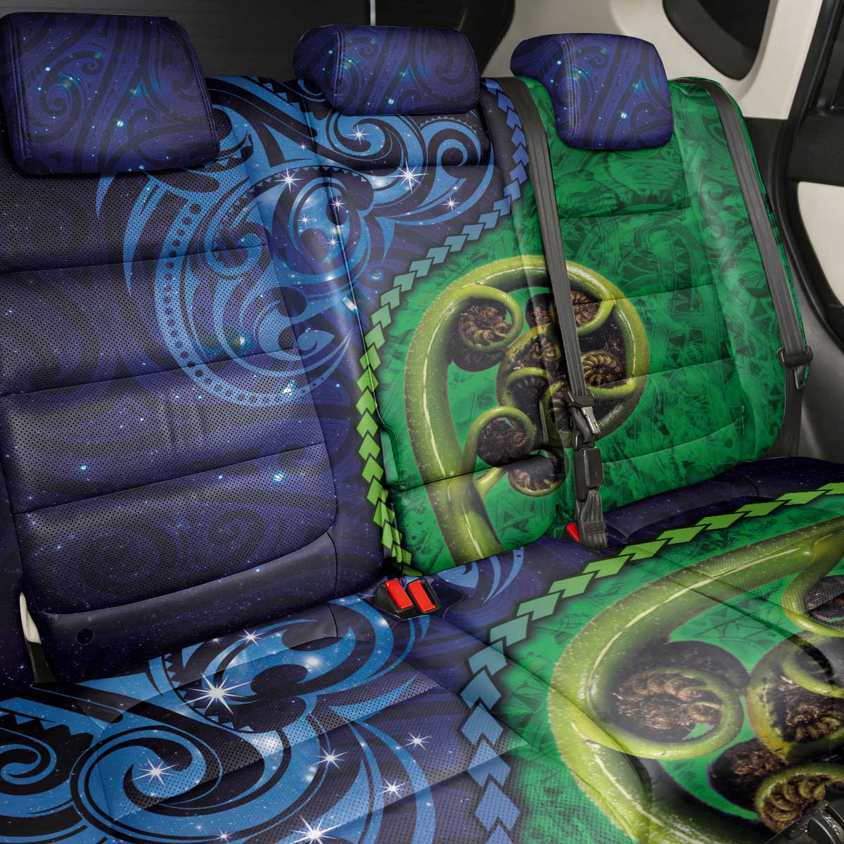 New Zealand Matariki Fern Frond Koru Back Car Seat Cover with Galaxy Blue Sky and Green Paua Shell Art