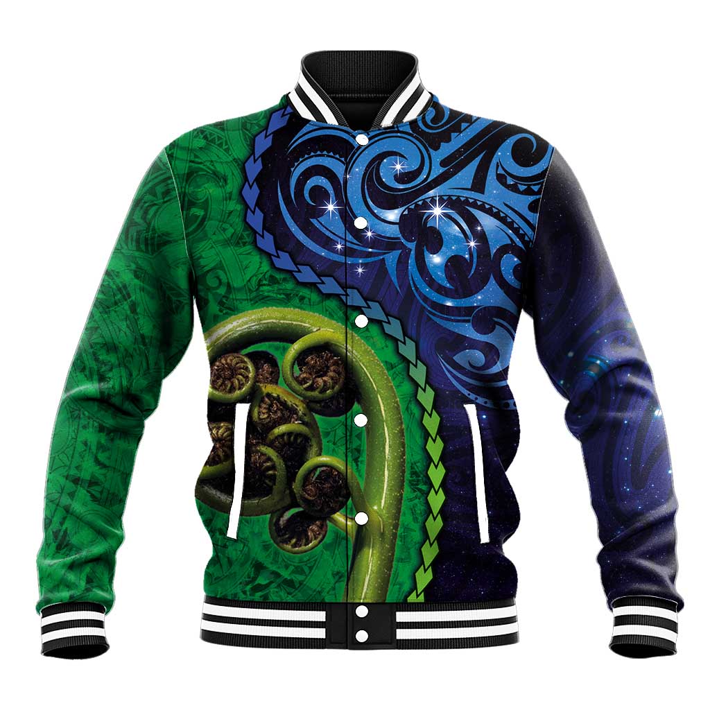 New Zealand Matariki Fern Frond Koru Baseball Jacket with Galaxy Blue Sky and Green Paua Shell Art