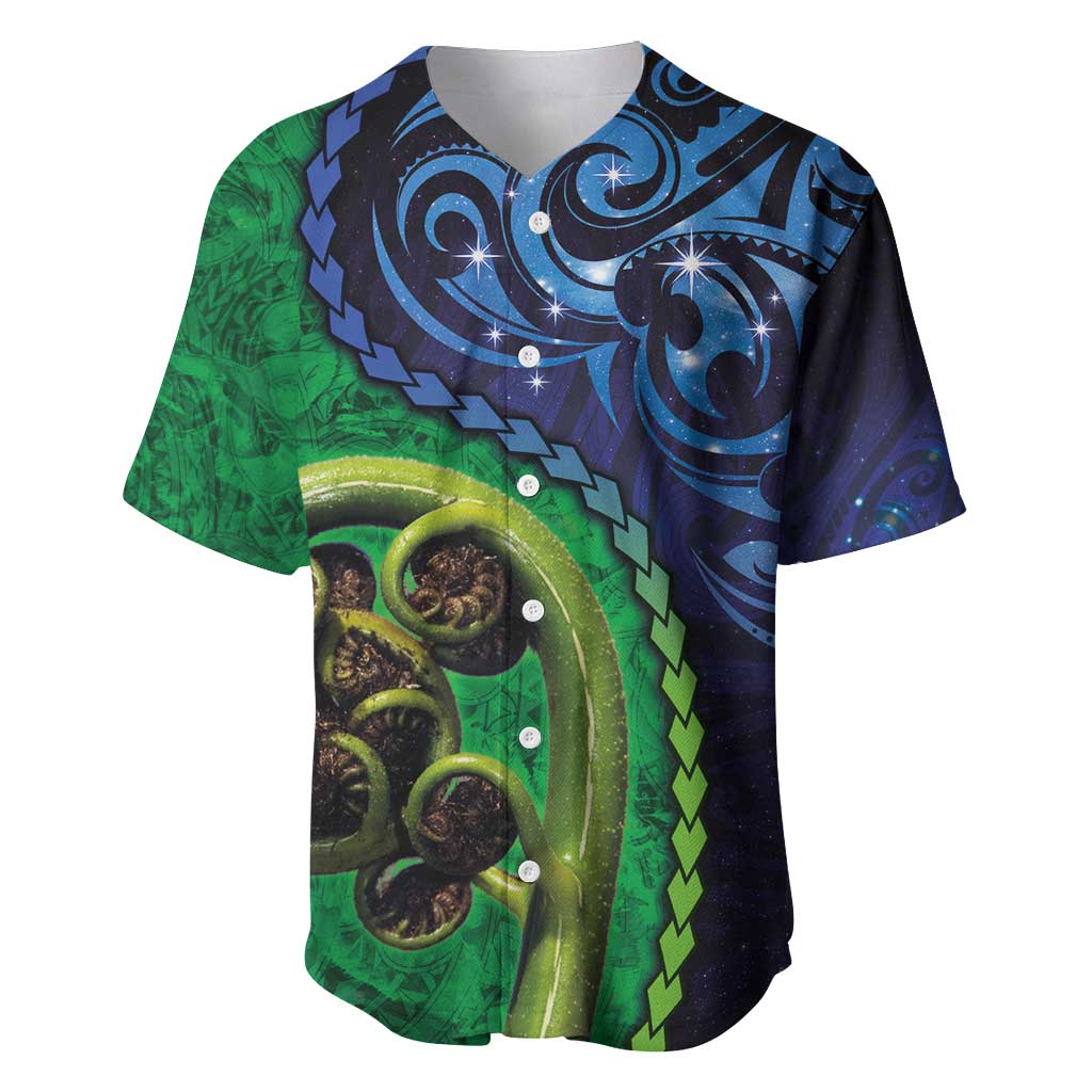 New Zealand Matariki Fern Frond Koru Baseball Jersey with Galaxy Blue Sky and Green Paua Shell Art