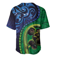 New Zealand Matariki Fern Frond Koru Baseball Jersey with Galaxy Blue Sky and Green Paua Shell Art