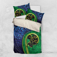New Zealand Matariki Fern Frond Koru Bedding Set with Galaxy Blue Sky and Green Paua Shell Art