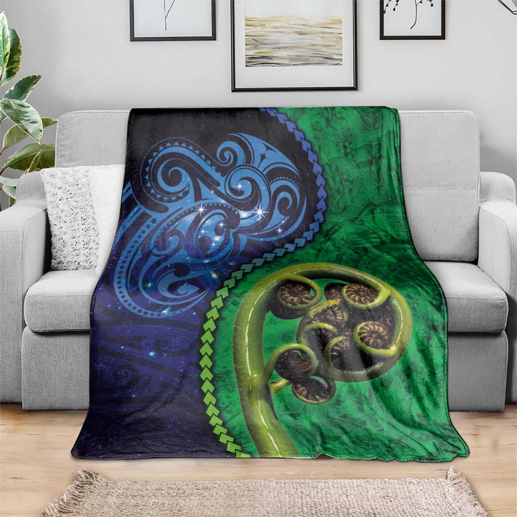 New Zealand Matariki Fern Frond Koru Blanket with Galaxy Blue Sky and Green Paua Shell Art