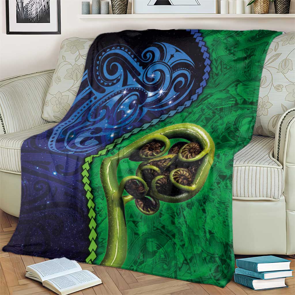 New Zealand Matariki Fern Frond Koru Blanket with Galaxy Blue Sky and Green Paua Shell Art