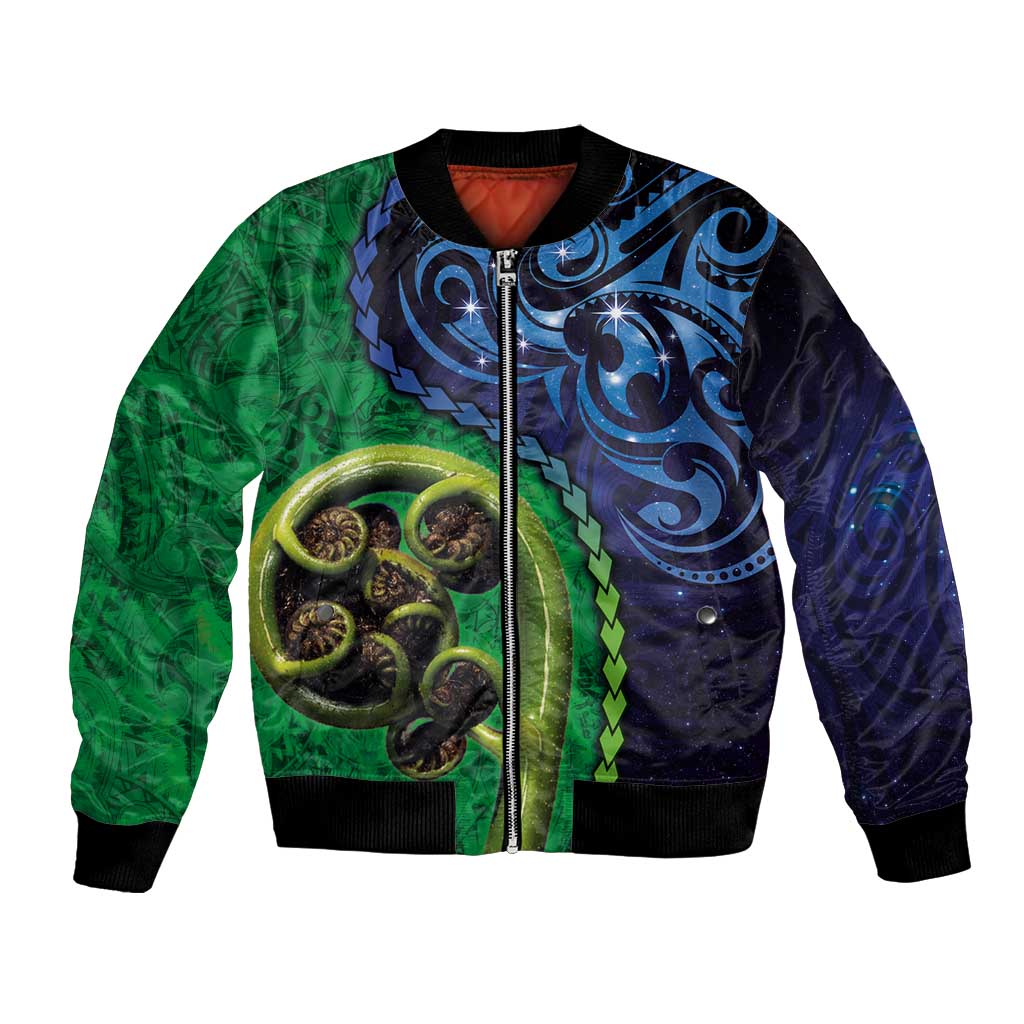 New Zealand Matariki Fern Frond Koru Bomber Jacket with Galaxy Blue Sky and Green Paua Shell Art