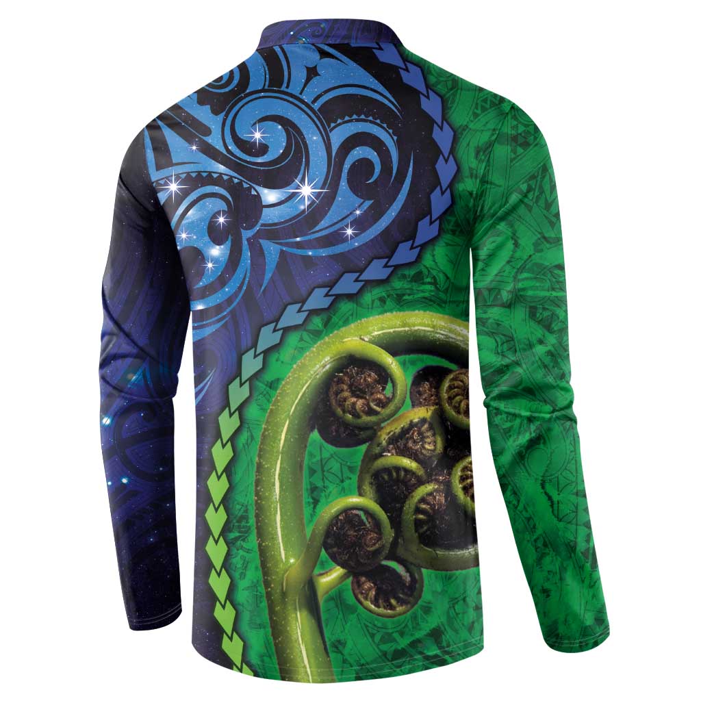 New Zealand Matariki Fern Frond Koru Button Sweatshirt with Galaxy Blue Sky and Green Paua Shell Art