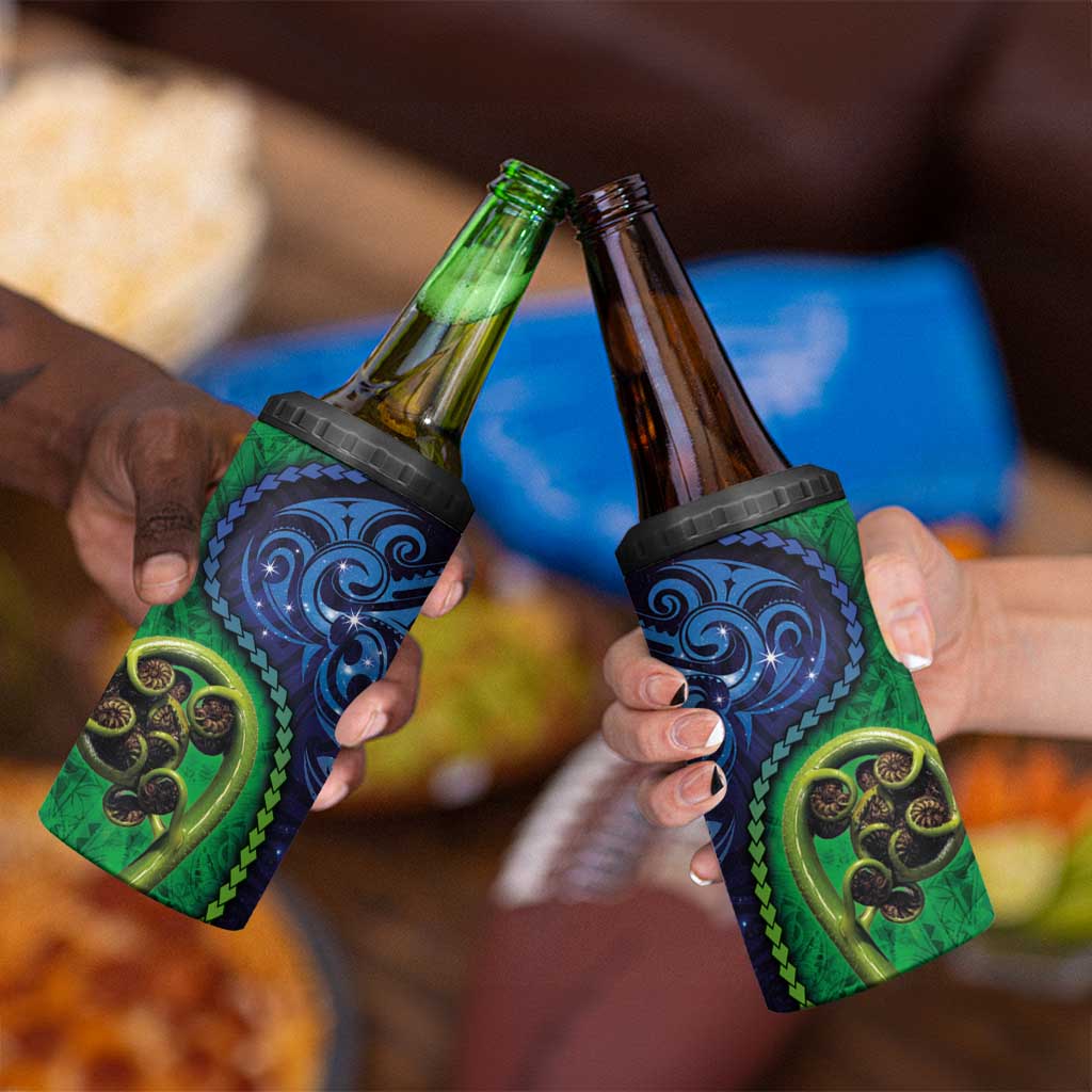 New Zealand Matariki Fern Frond Koru 4 in 1 Can Cooler Tumbler with Galaxy Blue Sky and Green Paua Shell Art