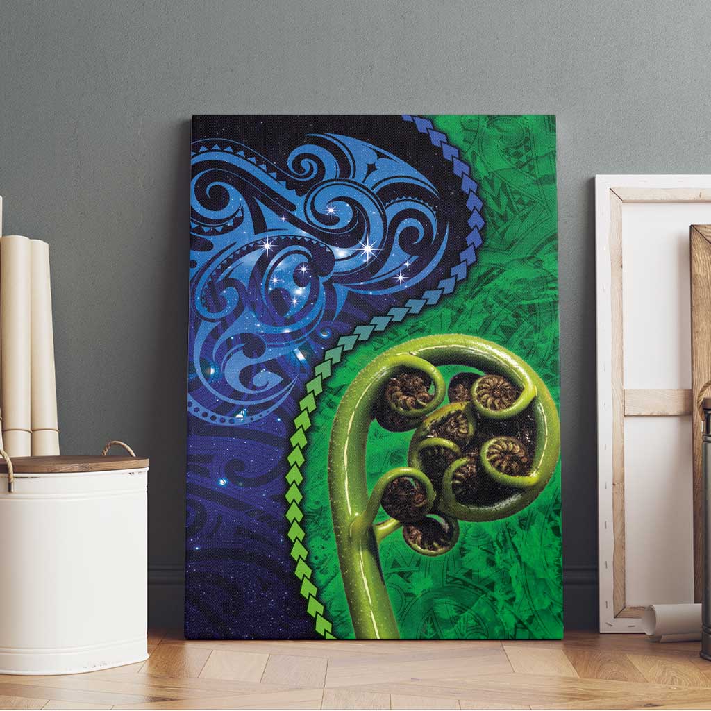 New Zealand Matariki Fern Frond Koru Canvas Wall Art with Galaxy Blue Sky and Green Paua Shell Art