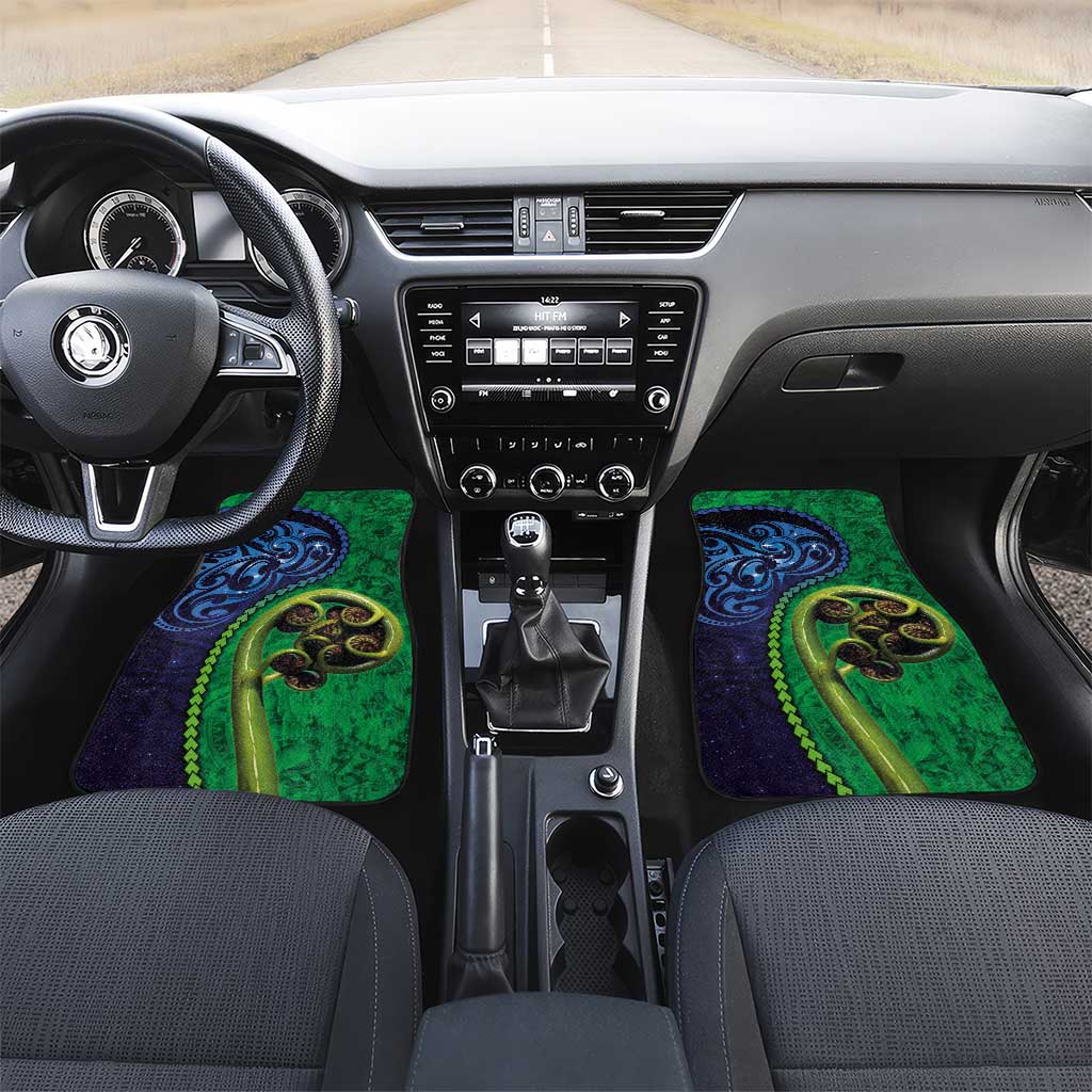 New Zealand Matariki Fern Frond Koru Car Mats with Galaxy Blue Sky and Green Paua Shell Art