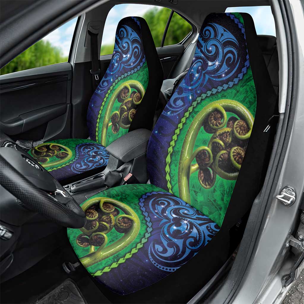 New Zealand Matariki Fern Frond Koru Car Seat Cover with Galaxy Blue Sky and Green Paua Shell Art