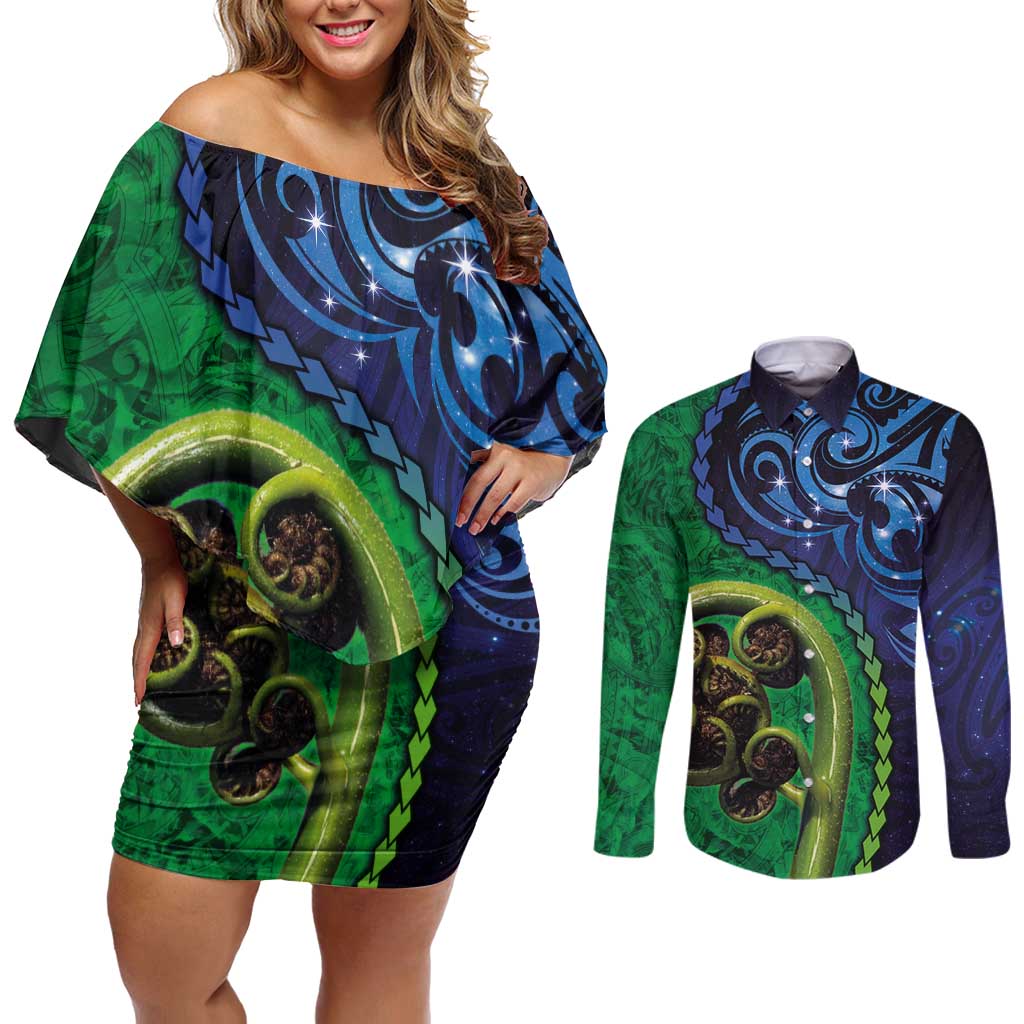 New Zealand Matariki Fern Frond Koru Couples Matching Off Shoulder Short Dress and Long Sleeve Button Shirt with Galaxy Blue Sky and Green Paua Shell Art