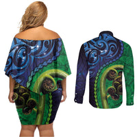 New Zealand Matariki Fern Frond Koru Couples Matching Off Shoulder Short Dress and Long Sleeve Button Shirt with Galaxy Blue Sky and Green Paua Shell Art