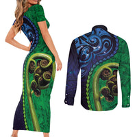 New Zealand Matariki Fern Frond Koru Couples Matching Short Sleeve Bodycon Dress and Long Sleeve Button Shirt with Galaxy Blue Sky and Green Paua Shell Art