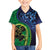 New Zealand Matariki Fern Frond Koru Family Matching Long Sleeve Bodycon Dress and Hawaiian Shirt with Galaxy Blue Sky and Green Paua Shell Art