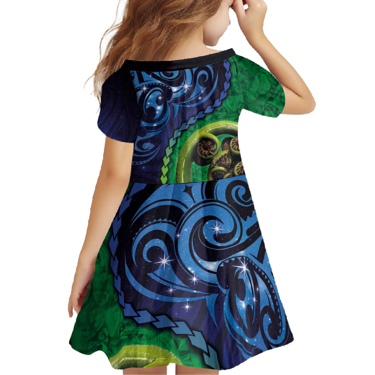 New Zealand Matariki Fern Frond Koru Family Matching Off The Shoulder Long Sleeve Dress and Hawaiian Shirt with Galaxy Blue Sky and Green Paua Shell Art