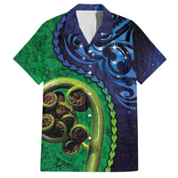 New Zealand Matariki Fern Frond Koru Family Matching Off The Shoulder Long Sleeve Dress and Hawaiian Shirt with Galaxy Blue Sky and Green Paua Shell Art
