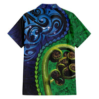 New Zealand Matariki Fern Frond Koru Family Matching Off The Shoulder Long Sleeve Dress and Hawaiian Shirt with Galaxy Blue Sky and Green Paua Shell Art