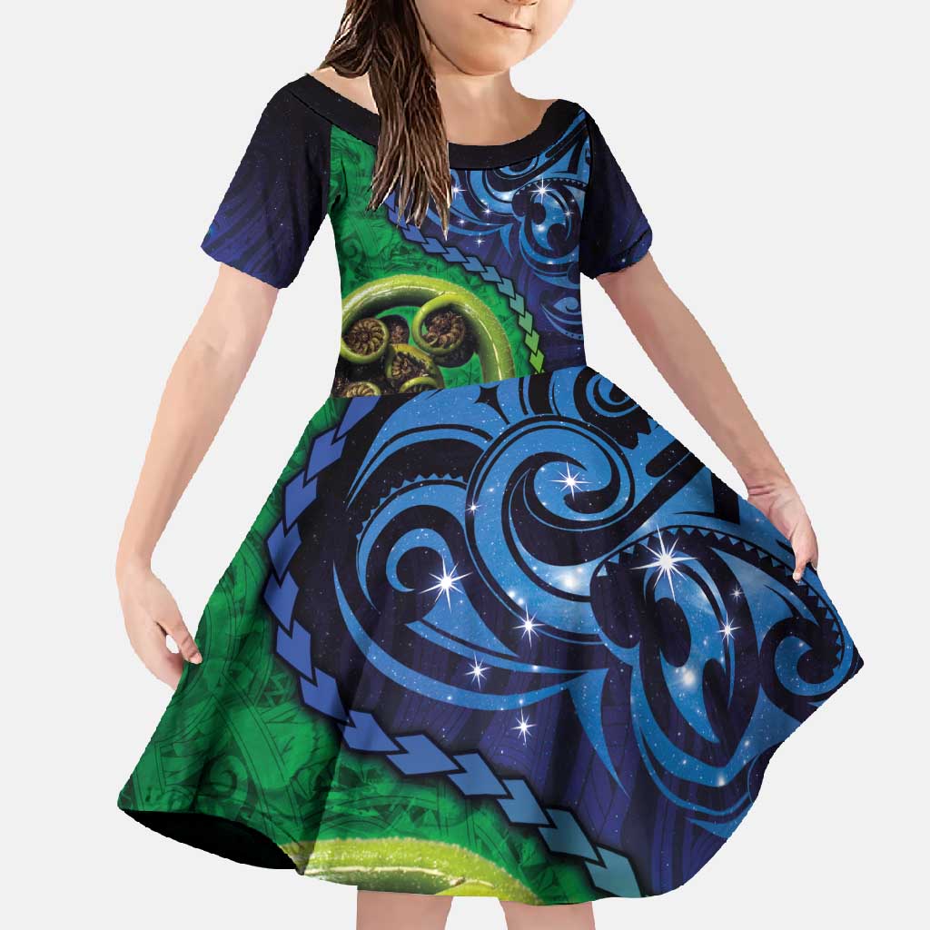 New Zealand Matariki Fern Frond Koru Family Matching Off Shoulder Maxi Dress and Hawaiian Shirt with Galaxy Blue Sky and Green Paua Shell Art