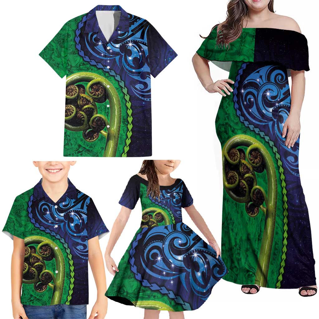 New Zealand Matariki Fern Frond Koru Family Matching Off Shoulder Maxi Dress and Hawaiian Shirt with Galaxy Blue Sky and Green Paua Shell Art