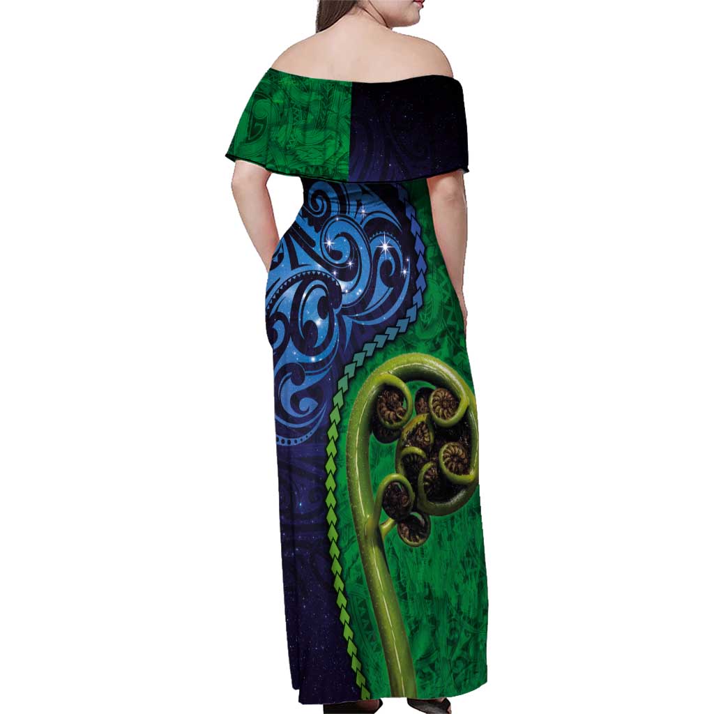 New Zealand Matariki Fern Frond Koru Family Matching Off Shoulder Maxi Dress and Hawaiian Shirt with Galaxy Blue Sky and Green Paua Shell Art