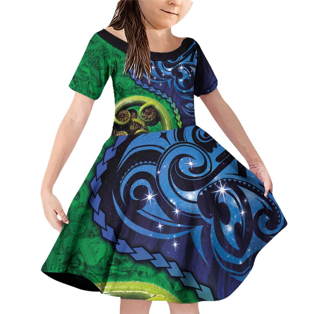 New Zealand Matariki Fern Frond Koru Family Matching Off Shoulder Short Dress and Hawaiian Shirt with Galaxy Blue Sky and Green Paua Shell Art