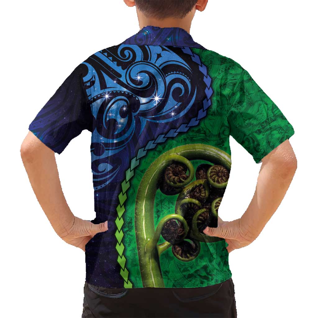 New Zealand Matariki Fern Frond Koru Family Matching Puletasi and Hawaiian Shirt with Galaxy Blue Sky and Green Paua Shell Art