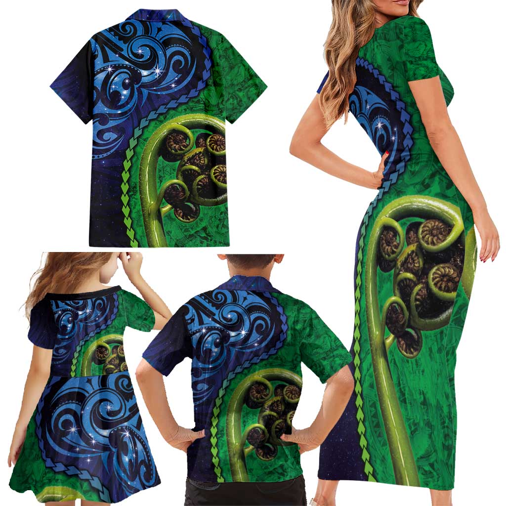 New Zealand Matariki Fern Frond Koru Family Matching Short Sleeve Bodycon Dress and Hawaiian Shirt with Galaxy Blue Sky and Green Paua Shell Art