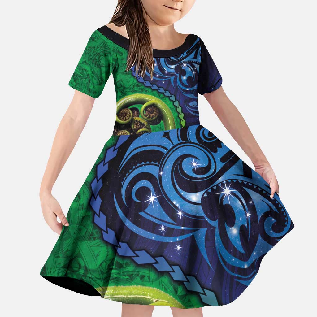 New Zealand Matariki Fern Frond Koru Family Matching Summer Maxi Dress and Hawaiian Shirt with Galaxy Blue Sky and Green Paua Shell Art