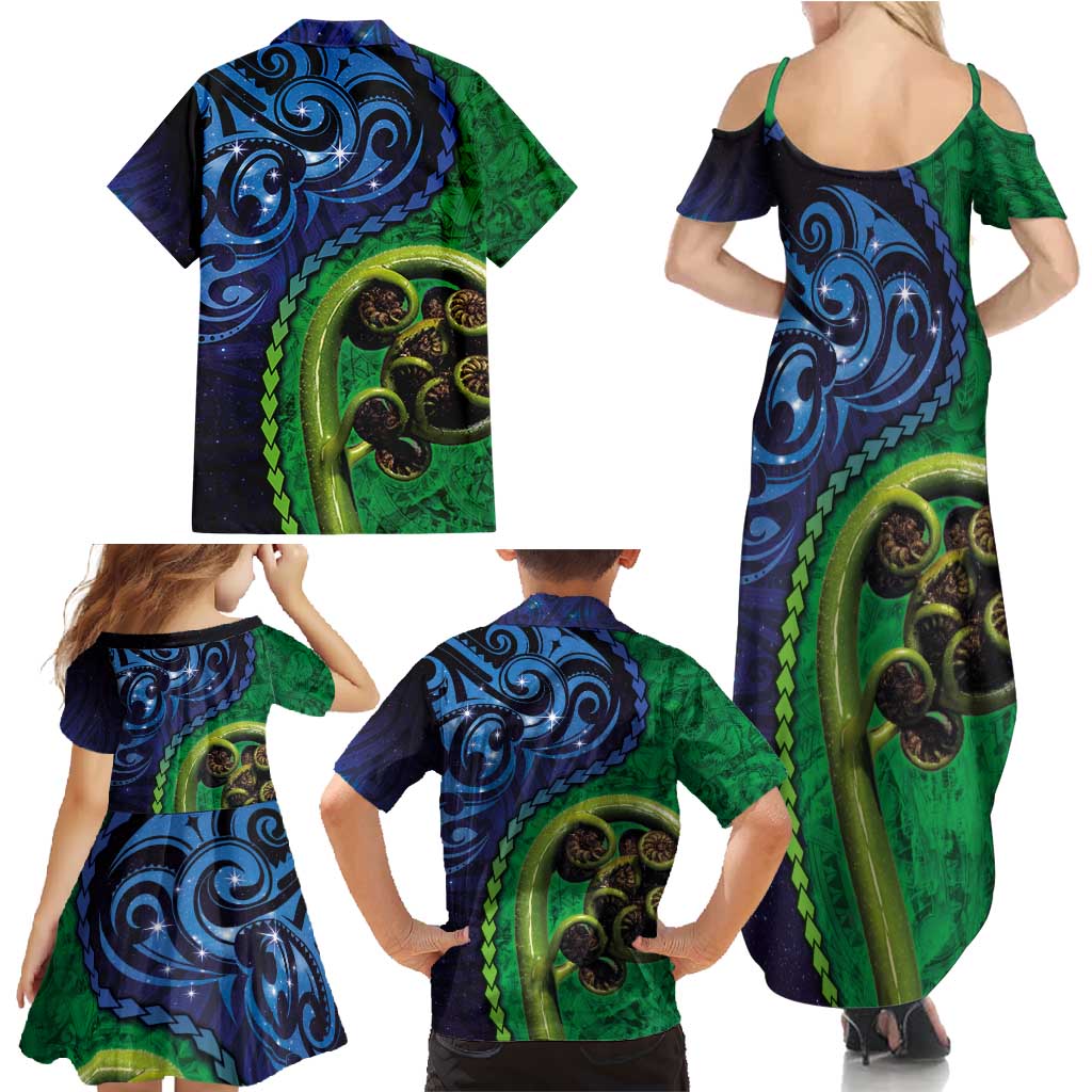 New Zealand Matariki Fern Frond Koru Family Matching Summer Maxi Dress and Hawaiian Shirt with Galaxy Blue Sky and Green Paua Shell Art