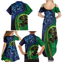 New Zealand Matariki Fern Frond Koru Family Matching Summer Maxi Dress and Hawaiian Shirt with Galaxy Blue Sky and Green Paua Shell Art