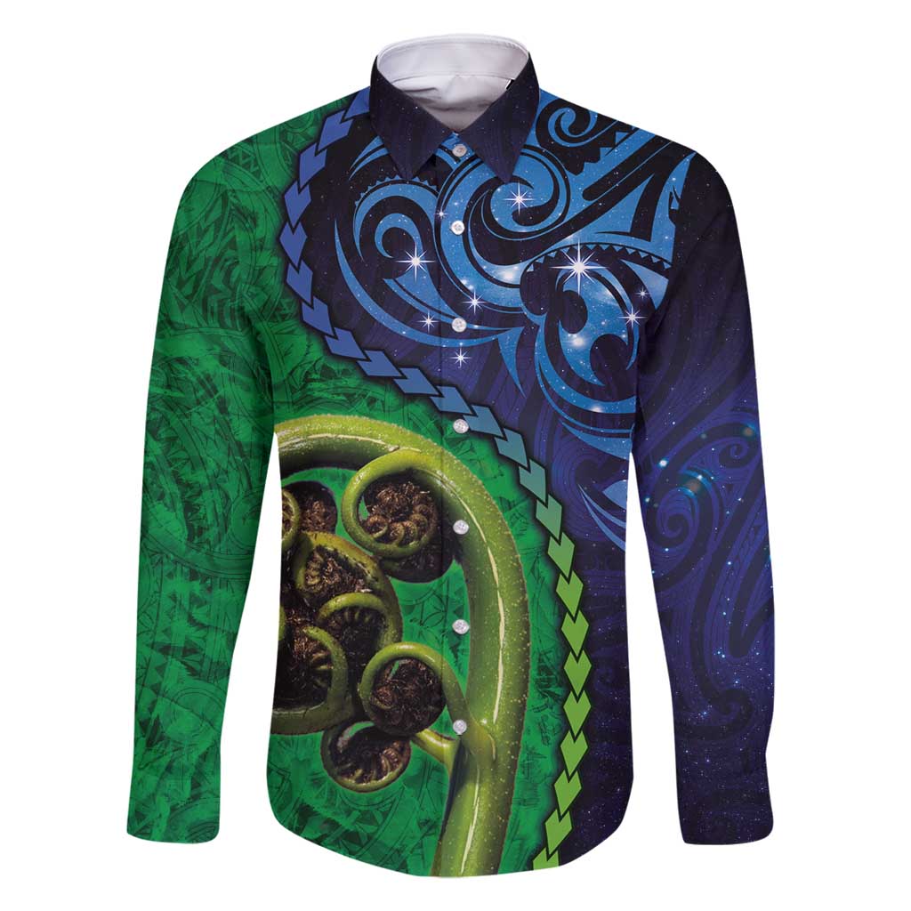 New Zealand Matariki Fern Frond Koru Family Matching Summer Maxi Dress and Hawaiian Shirt with Galaxy Blue Sky and Green Paua Shell Art
