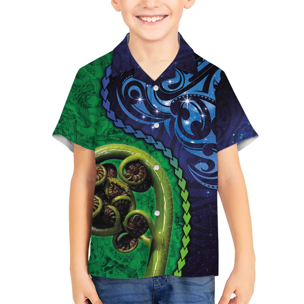 New Zealand Matariki Fern Frond Koru Family Matching Summer Maxi Dress and Hawaiian Shirt with Galaxy Blue Sky and Green Paua Shell Art