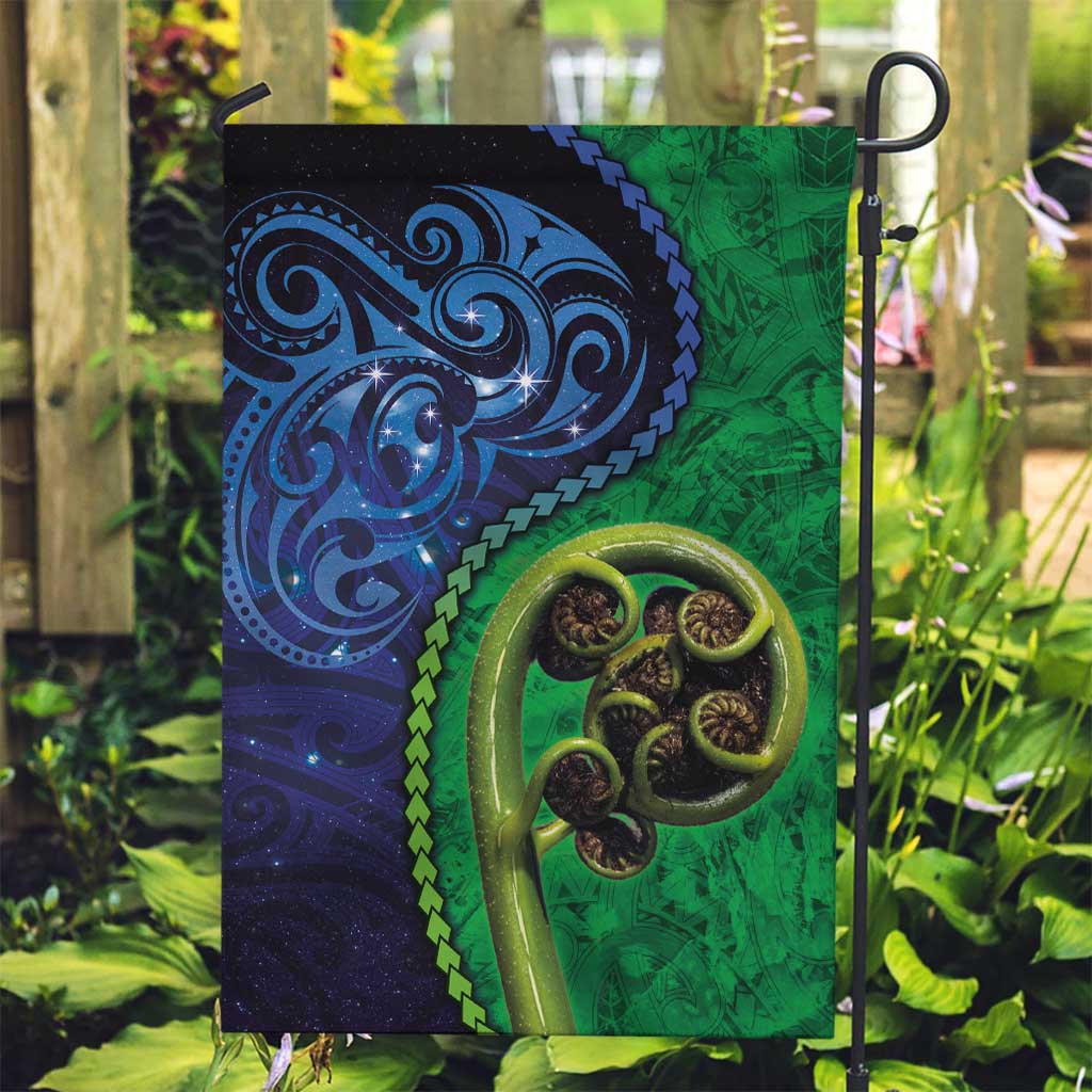 New Zealand Matariki Fern Frond Koru Garden Flag with Galaxy Blue Sky and Green Paua Shell Art