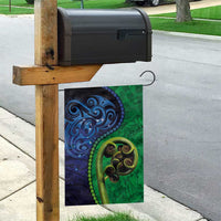 New Zealand Matariki Fern Frond Koru Garden Flag with Galaxy Blue Sky and Green Paua Shell Art