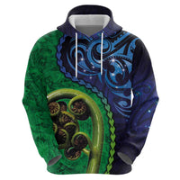 New Zealand Matariki Fern Frond Koru Hoodie with Galaxy Blue Sky and Green Paua Shell Art