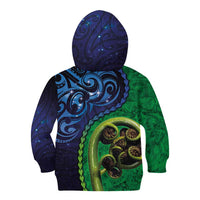 New Zealand Matariki Fern Frond Koru Kid Hoodie with Galaxy Blue Sky and Green Paua Shell Art