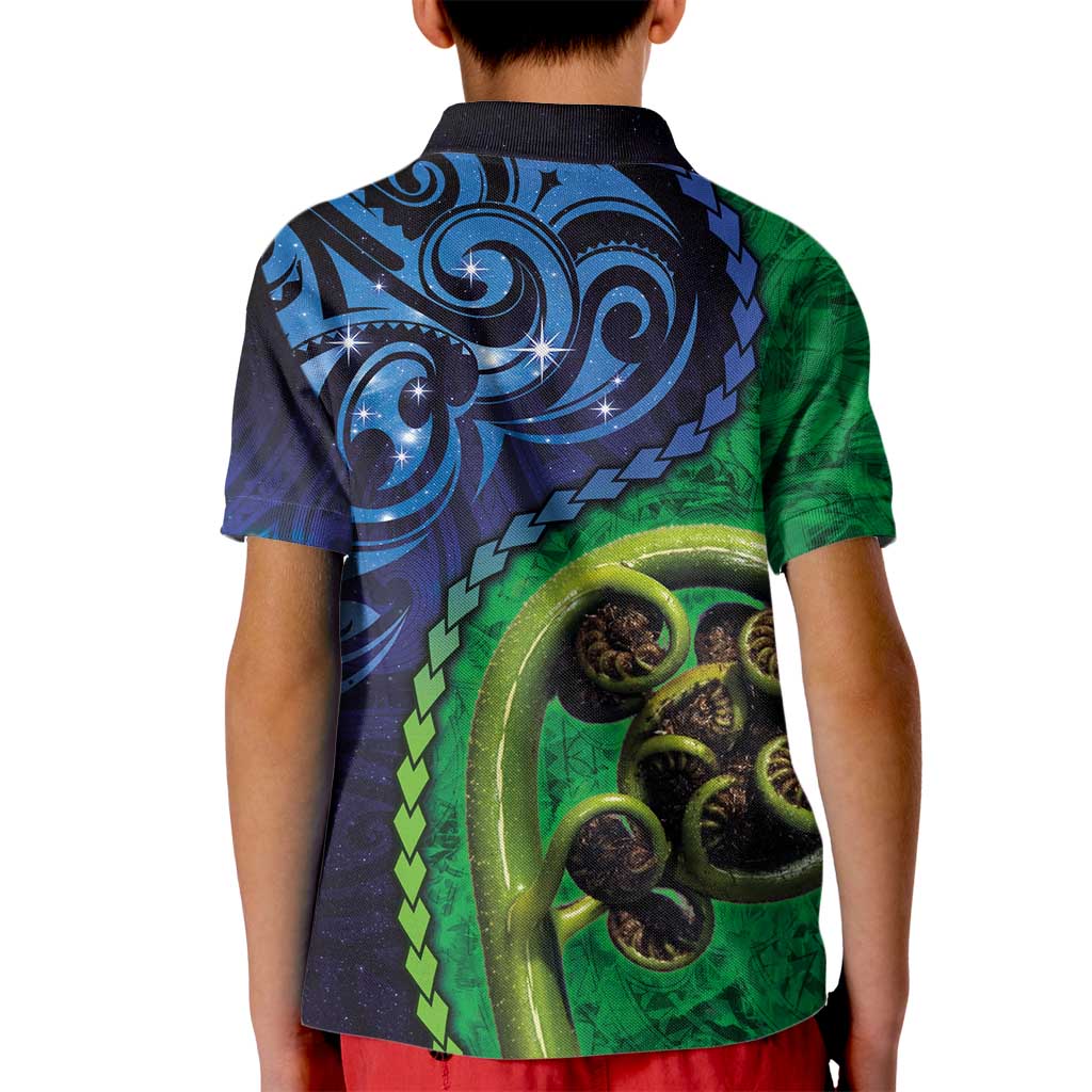 New Zealand Matariki Fern Frond Koru Kid Polo Shirt with Galaxy Blue Sky and Green Paua Shell Art