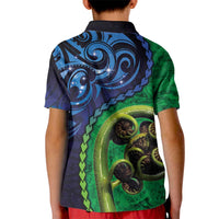 New Zealand Matariki Fern Frond Koru Kid Polo Shirt with Galaxy Blue Sky and Green Paua Shell Art