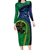 New Zealand Matariki Fern Frond Koru Long Sleeve Bodycon Dress with Galaxy Blue Sky and Green Paua Shell Art