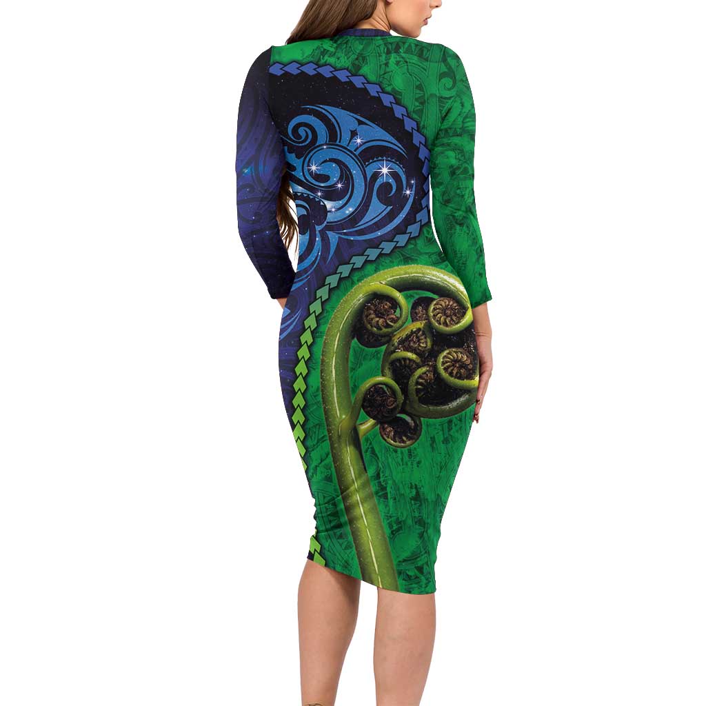 New Zealand Matariki Fern Frond Koru Long Sleeve Bodycon Dress with Galaxy Blue Sky and Green Paua Shell Art