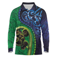 New Zealand Matariki Fern Frond Koru Long Sleeve Polo Shirt with Galaxy Blue Sky and Green Paua Shell Art