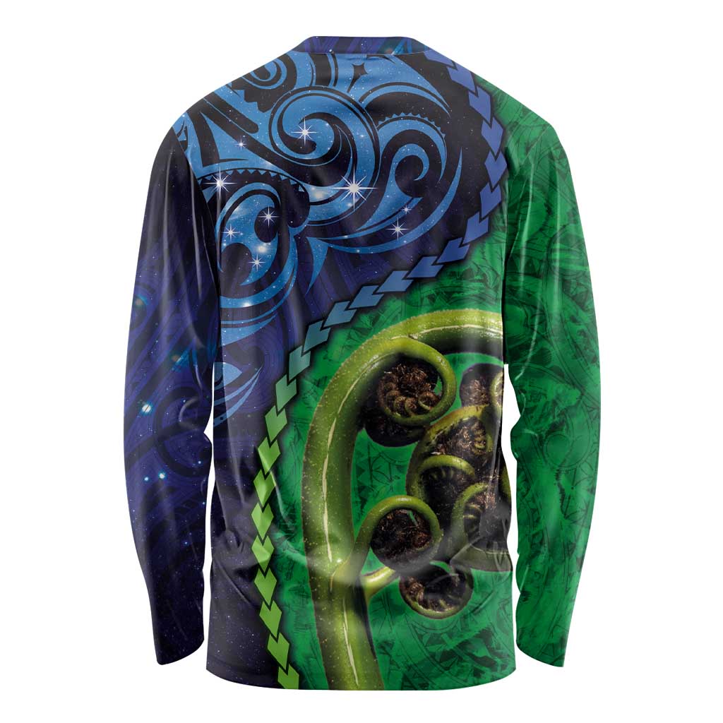 New Zealand Matariki Fern Frond Koru Long Sleeve Shirt with Galaxy Blue Sky and Green Paua Shell Art